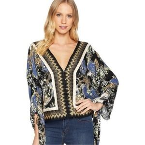 Free People Catch Me If You Can Tie Sleeve Geometric Cheetah Blouse MEDIUM